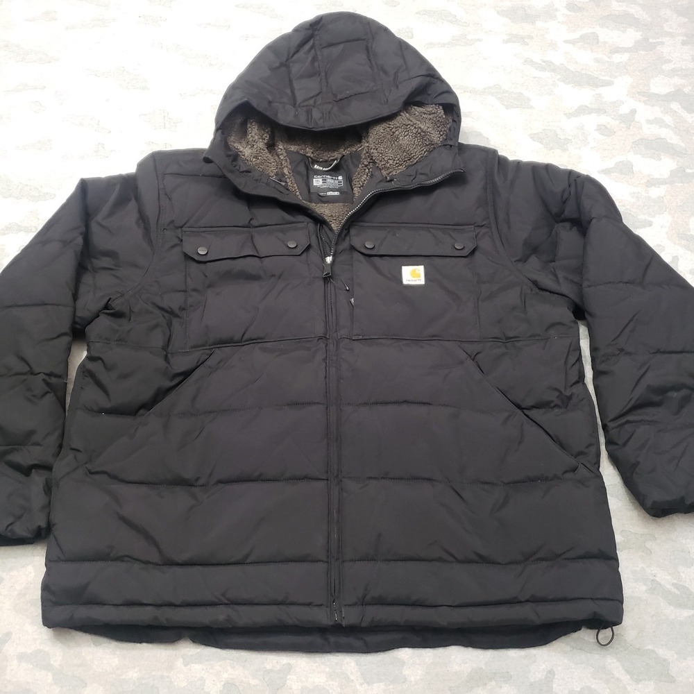 Carhartt Puffer Jacket Mens 2XLT Black Rain Defender Full Zip Loose Fit Hooded